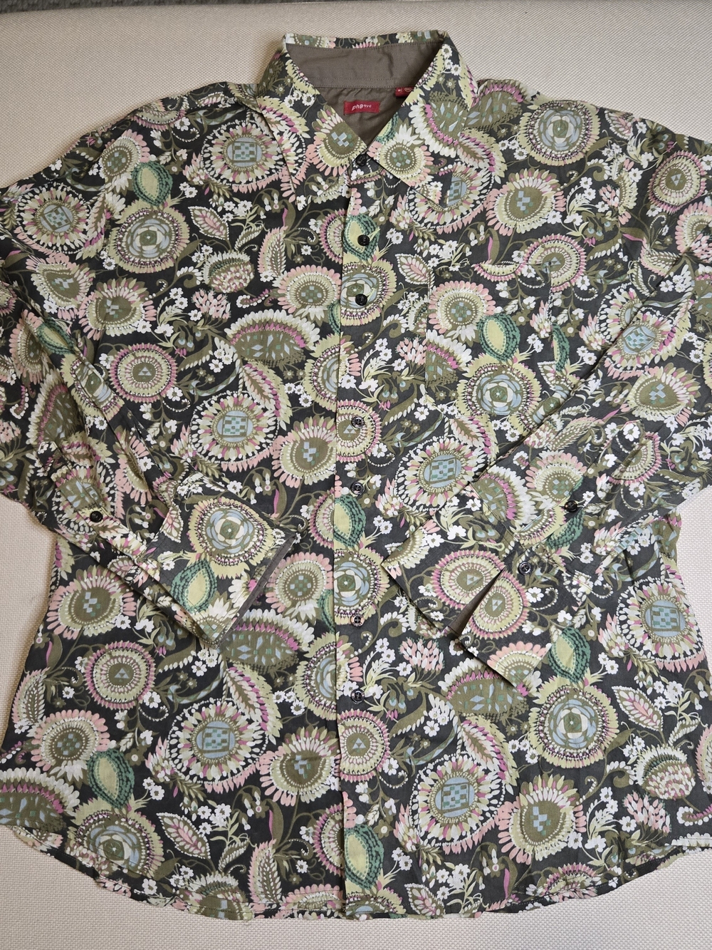 phB NYC Men's XXL Long Sleeve Button Down Shirt Green Floral Paisley 100% Cotton